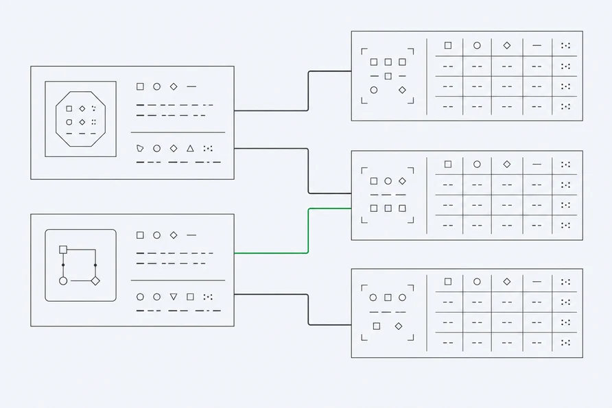 Two legal entities drawn as plates, connected to three regional ledgers by straight lines.